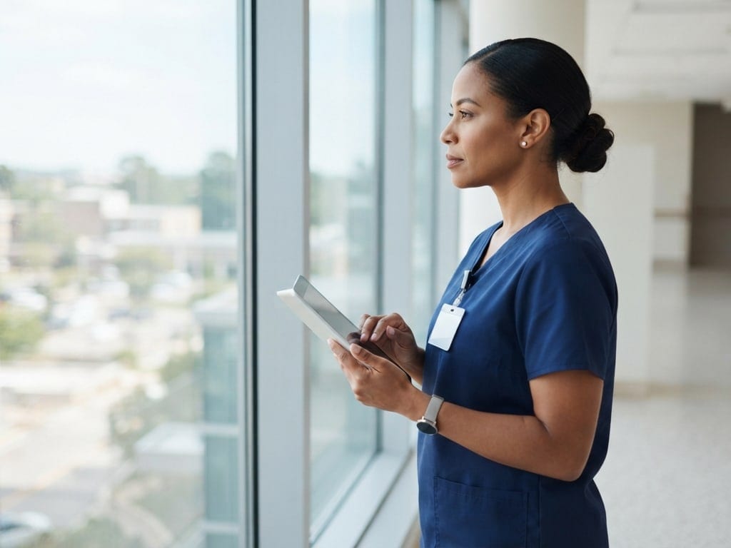 A nurse leader holding a tablet looks out a hospital window, planning ahead.