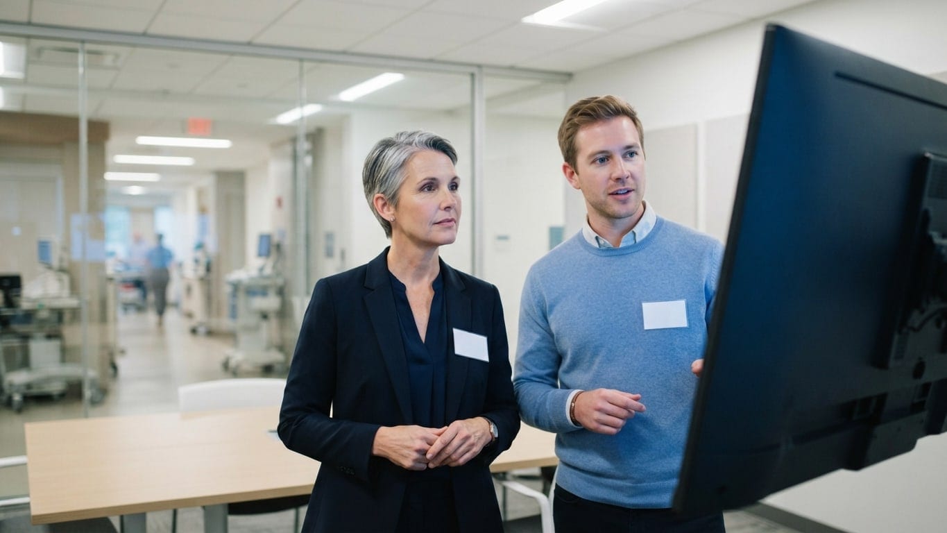 A chief nursing officer and a data analyst look at a large display in a glass-walled meeting room.
