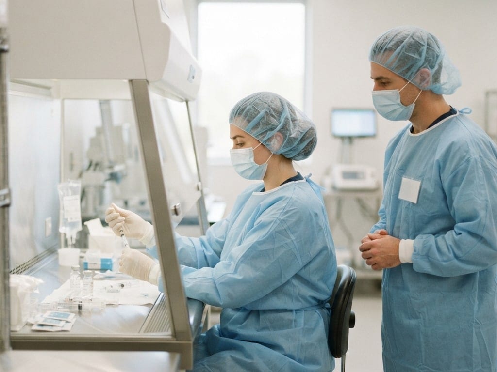 A pharmacist preceptor observes a pharmacy technician trainee at a compounding hood.