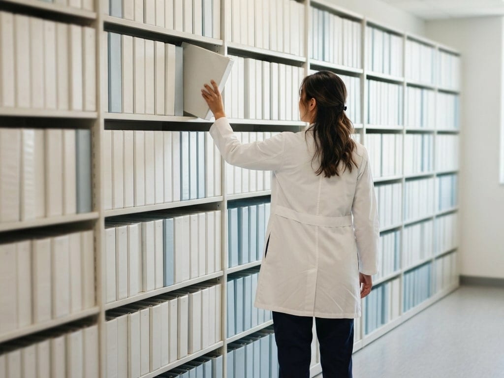 A clinician pulls a binder from floor-to-ceiling shelves of records.