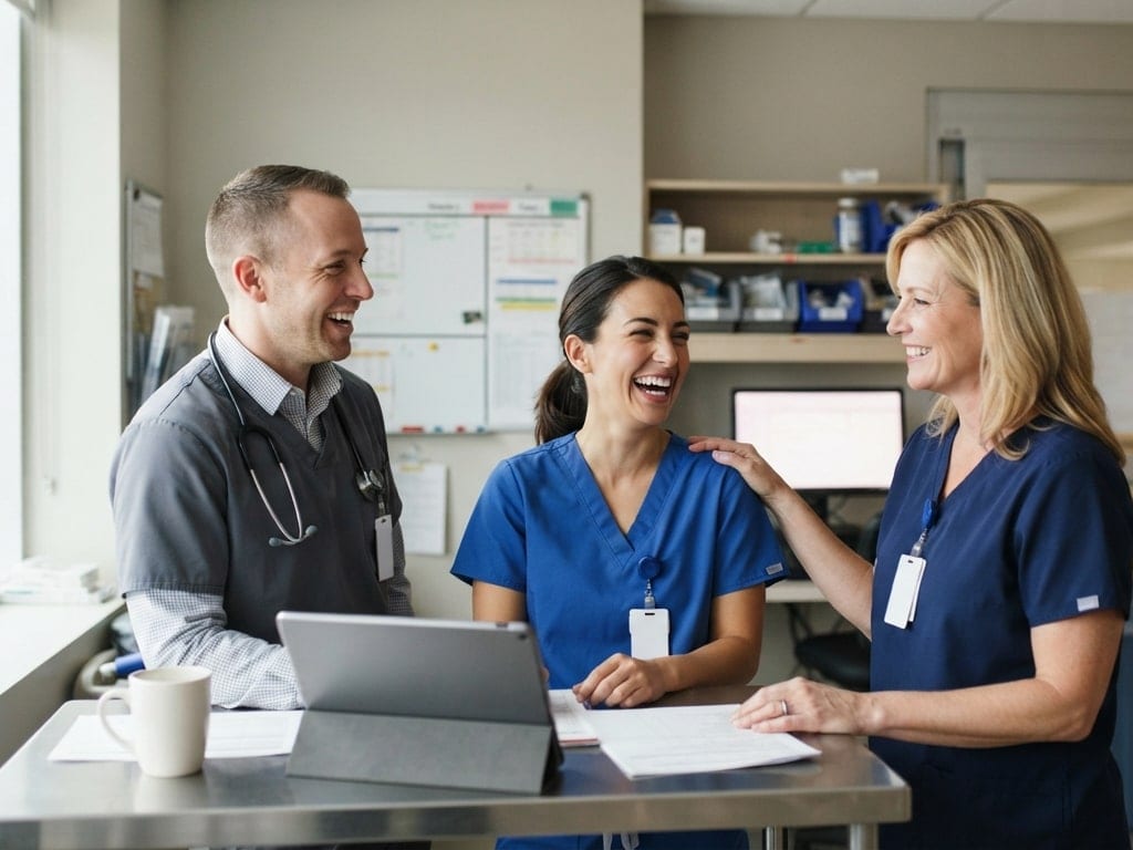 A nurse manager, a nurse and a pharmacist share a happy moment in a unit workroom.