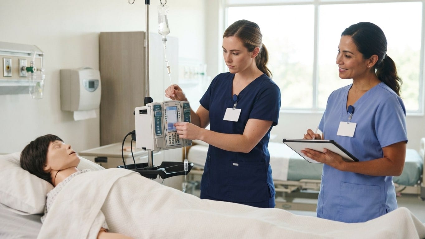 A nurse preceptor observes a newer nurse during a skills check.