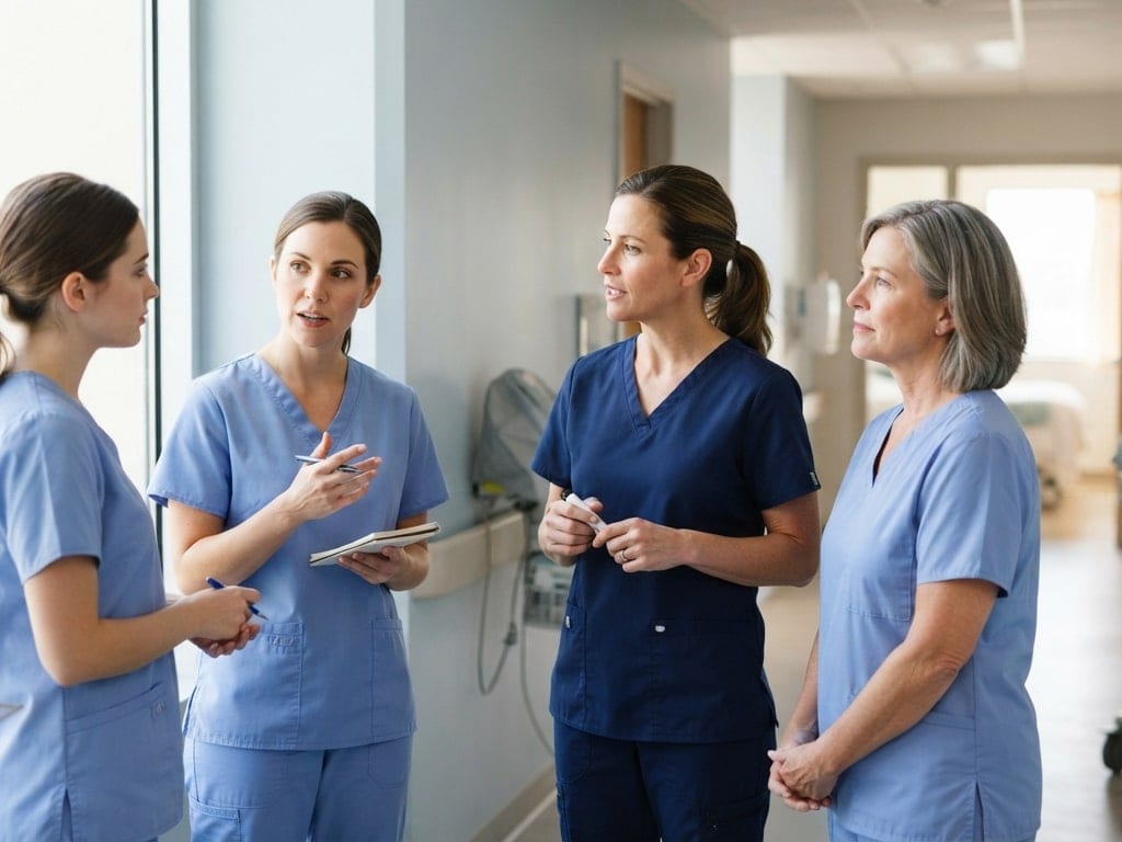 A charge nurse leads a unit quality huddle with three staff nurses.