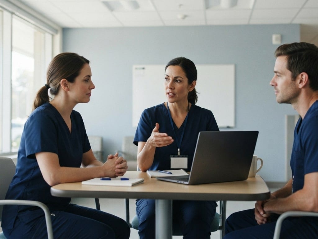 An experienced nurse presents a case to two colleagues.