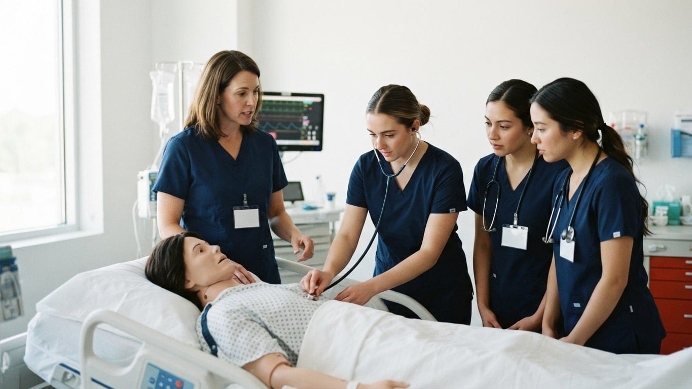 A nurse educator guides three nurses practicing on a patient manikin in a simulation lab.