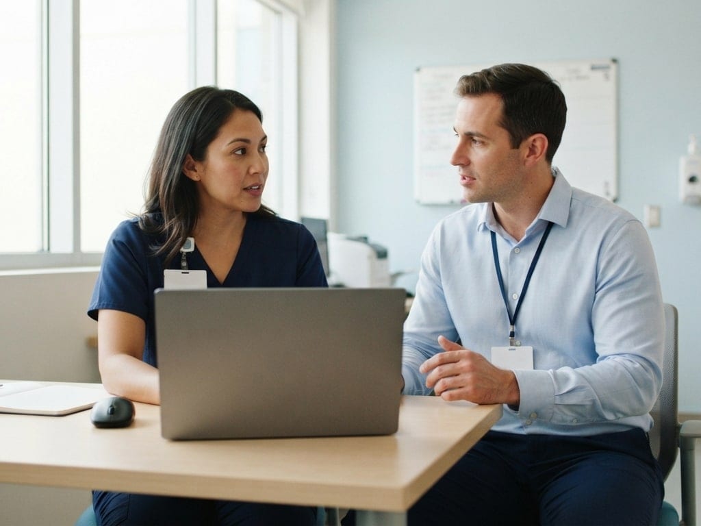 A nurse and an IT colleague review a laptop together in a bright office.