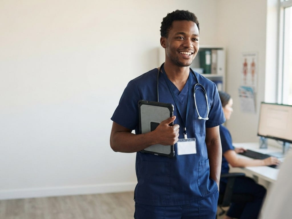 A smiling nurse in navy scrubs holds a tablet in a hospital office while a colleague works at a computer.