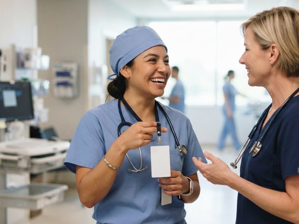 A respiratory therapist smiles as she talks with a colleague on a hospital unit.