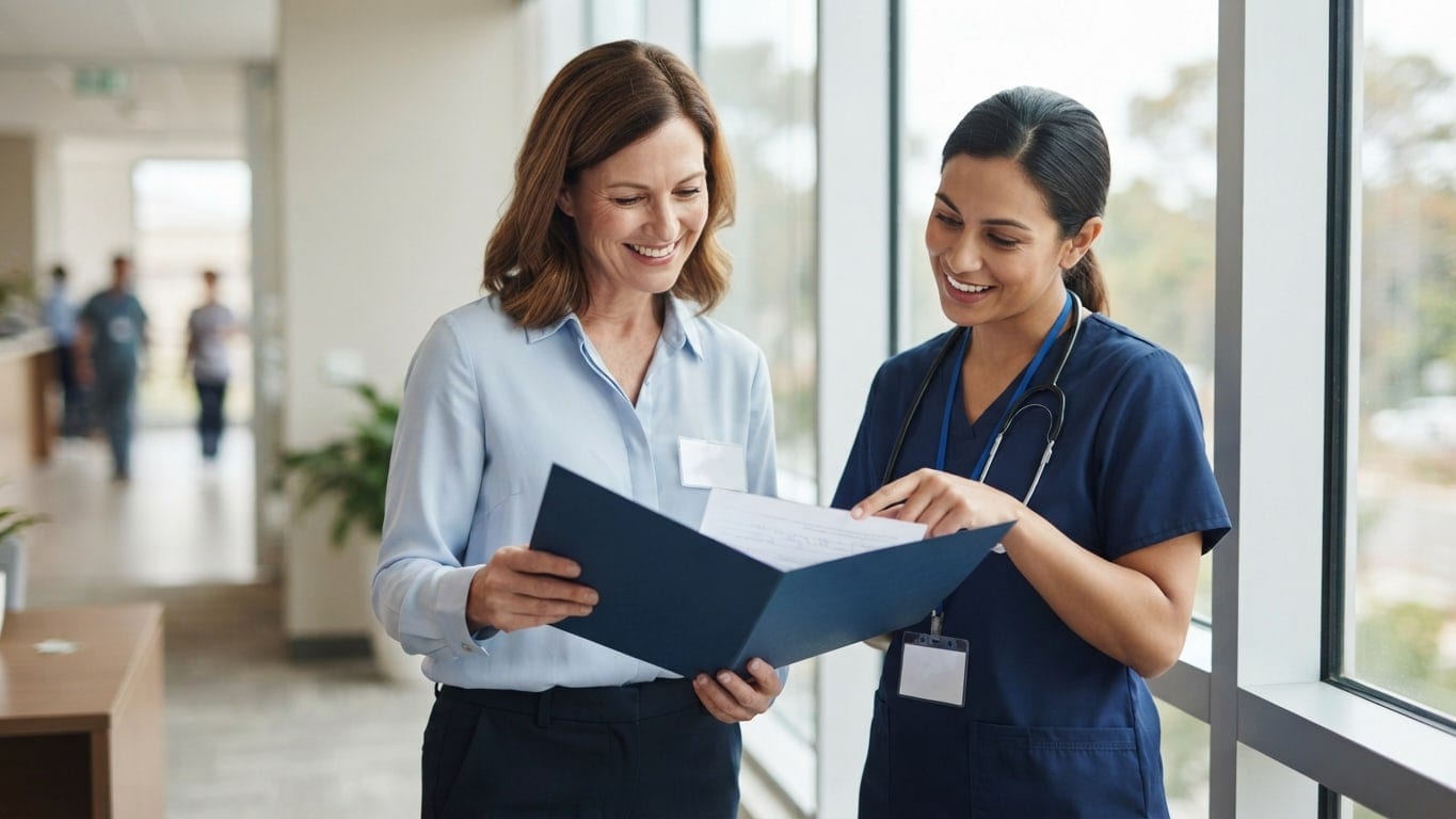 A compliance specialist and a nurse manager review a folder of paperwork by a window.