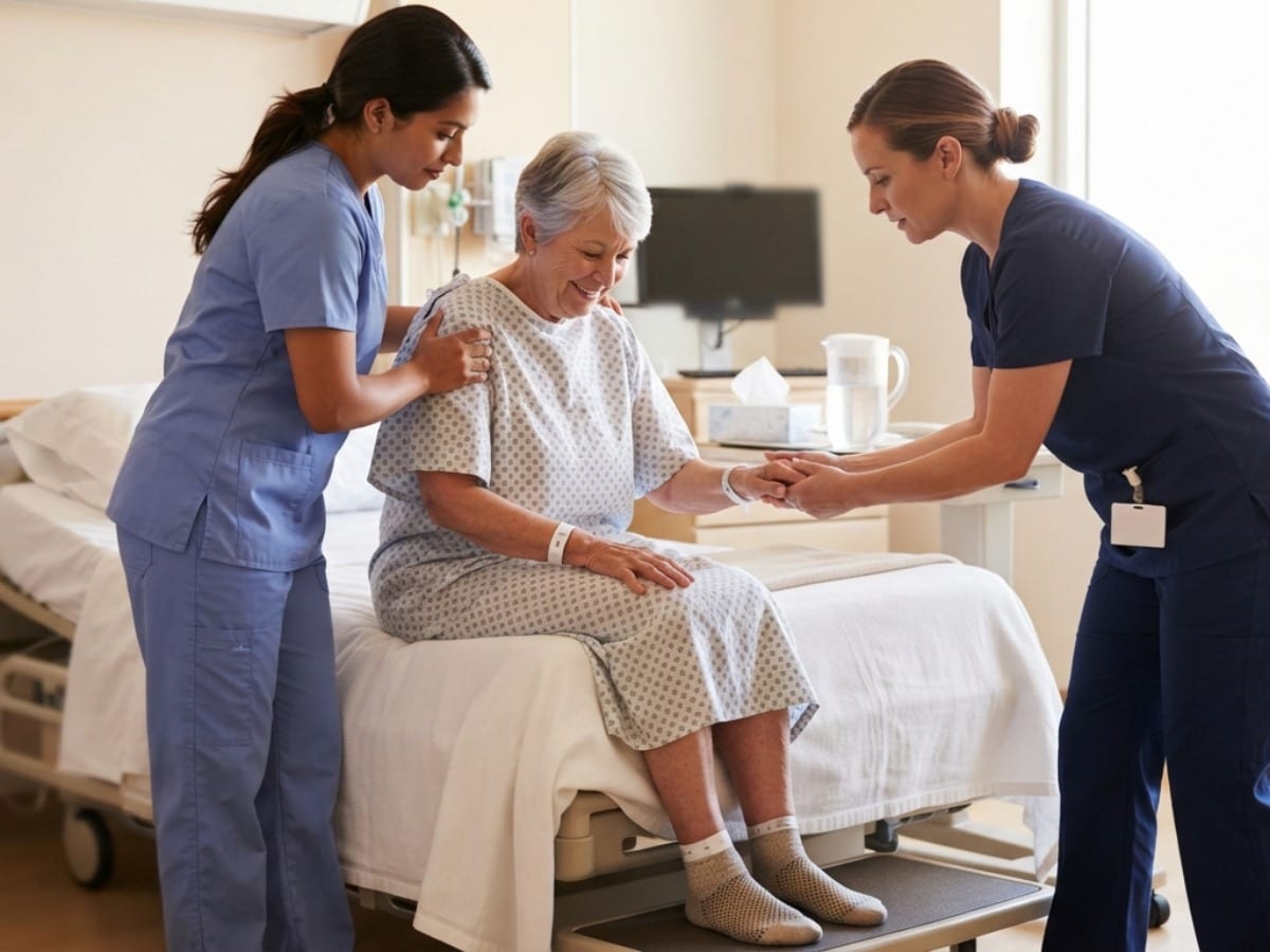Two nurses help an older patient sit up at the edge of a hospital bed.