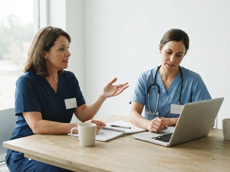 A nurse manager and a clinical educator plan role requirements at a table.