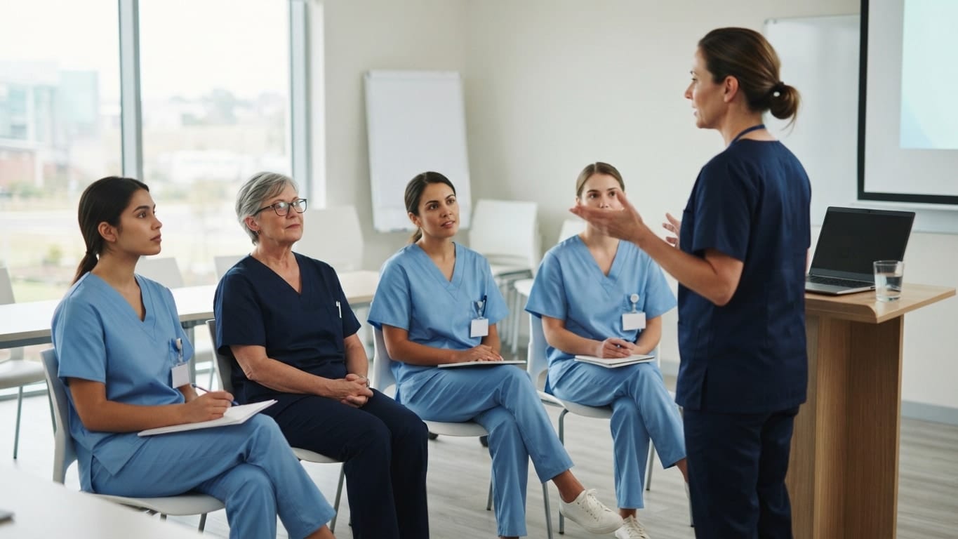 Nurses attend a class led by a nurse educator.