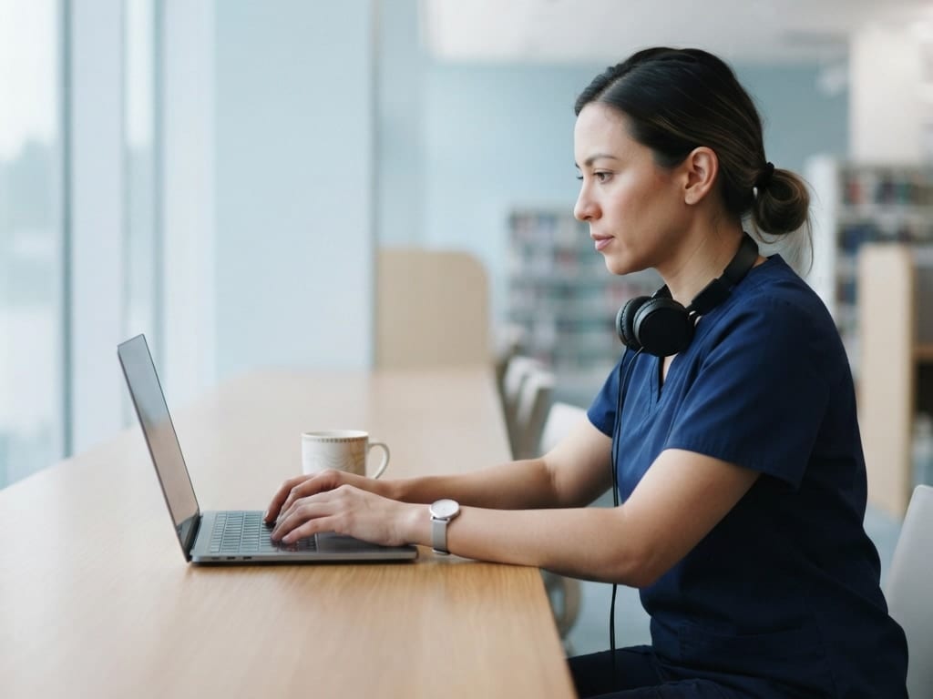 A nurse studies at a quiet table in a hospital education center.