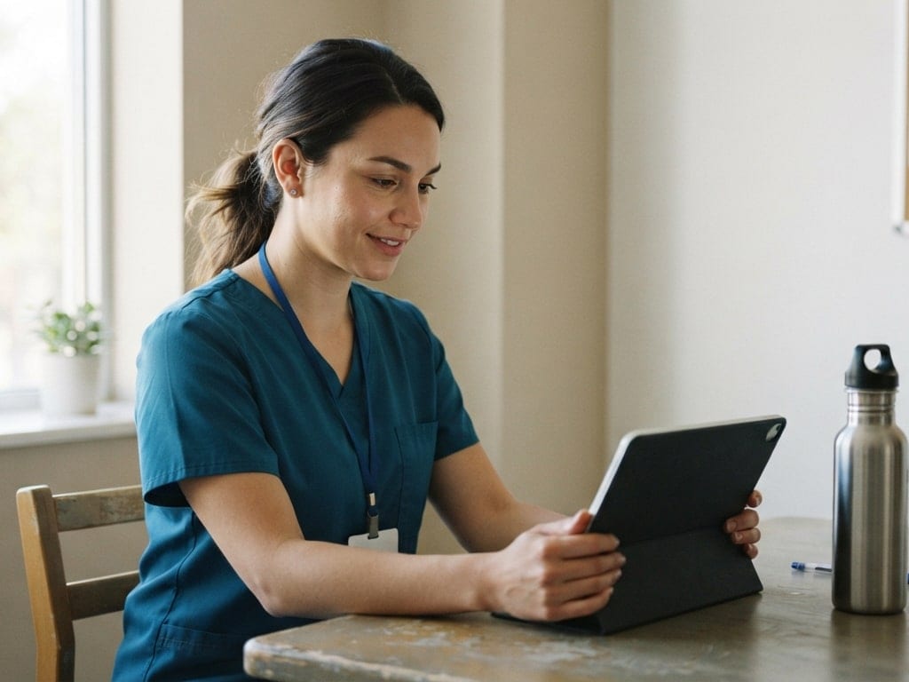 A nurse completes a training module on a tablet in a staff room.
