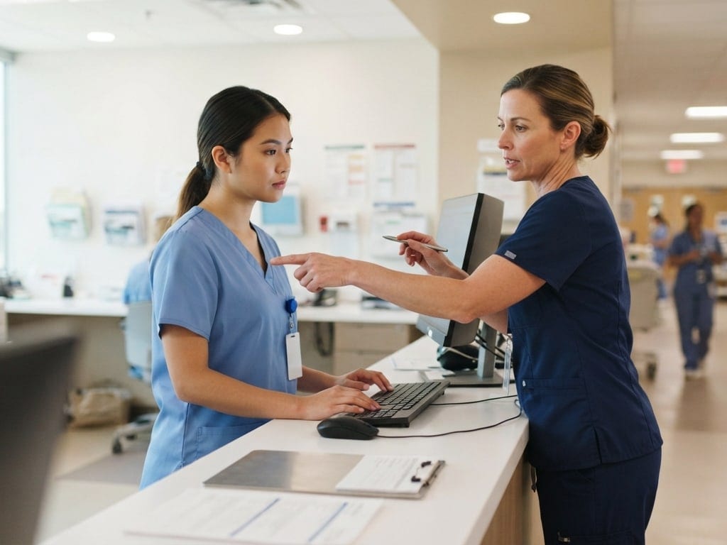 A preceptor shows a new nurse a workflow at the nurses' station.