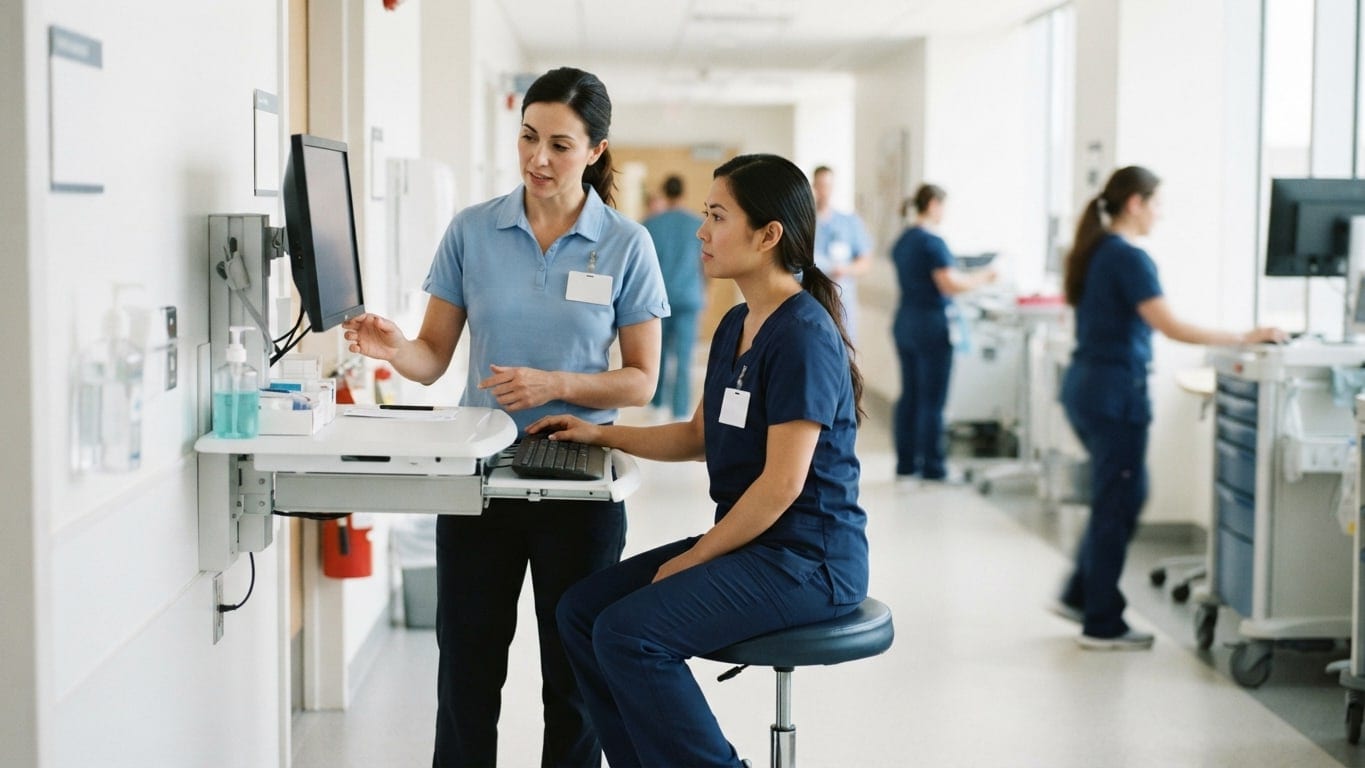 A nurse educator supports a nurse at a workstation on go-live morning.