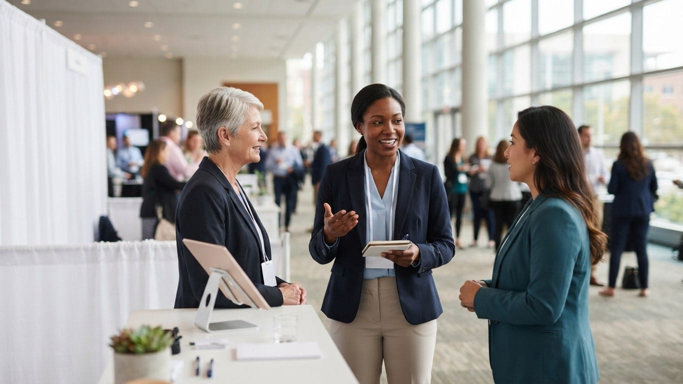 Nurse leaders talk at an exhibit booth in a conference hall.