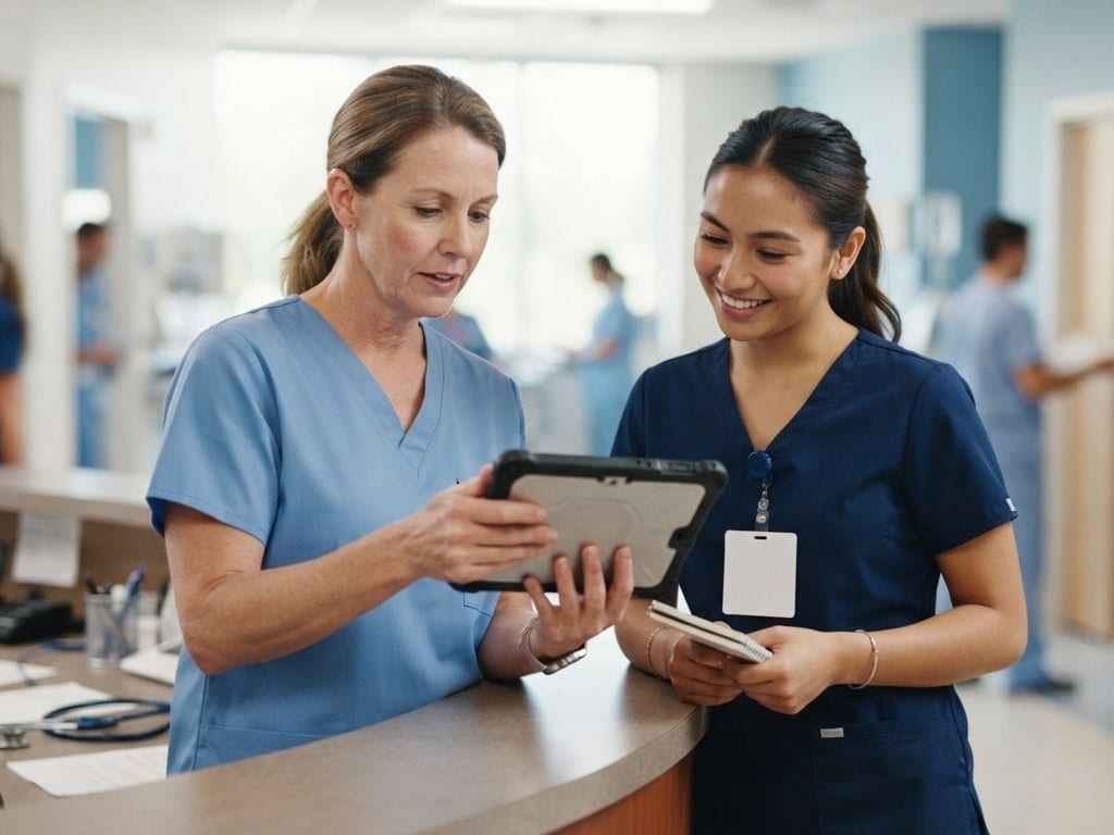 A nurse manager welcomes a new nurse at the nurses' station.