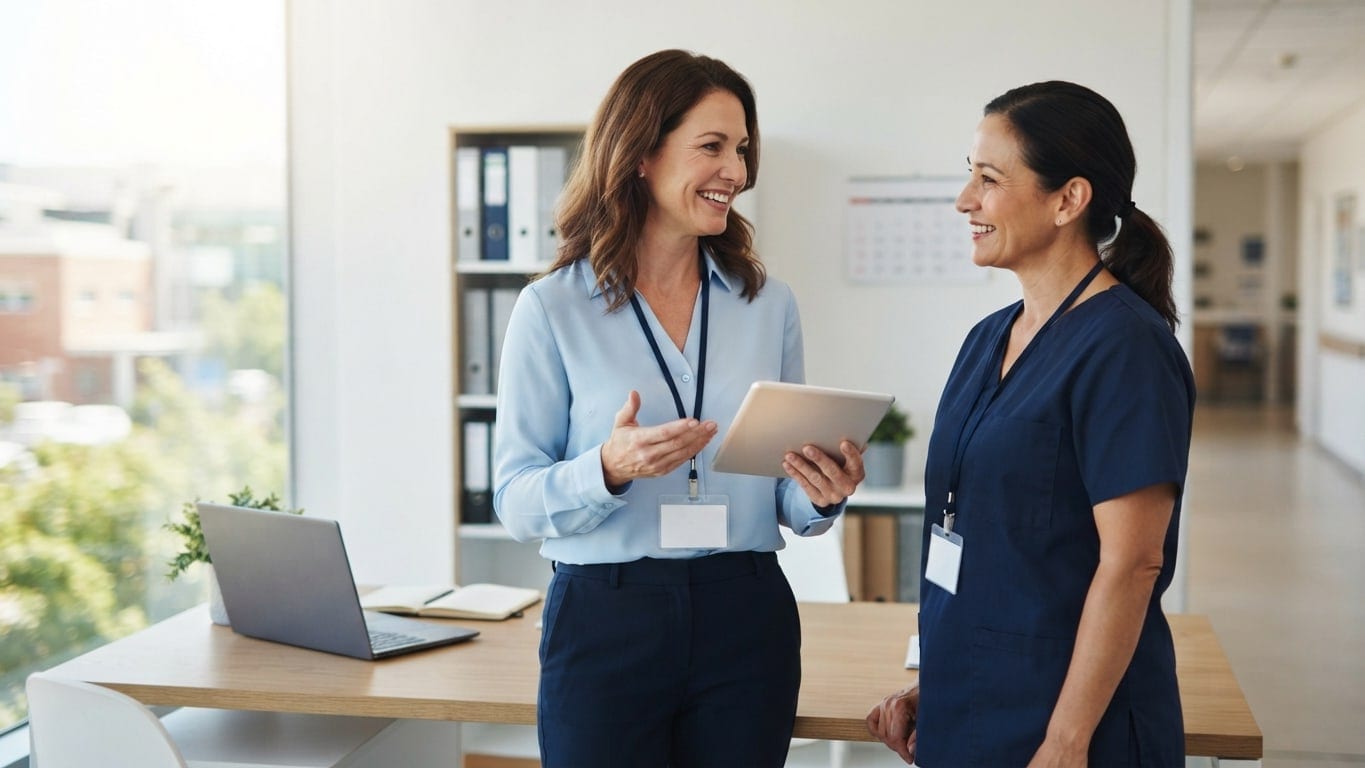 An HR partner and a nurse manager talk by a window in a hospital office.