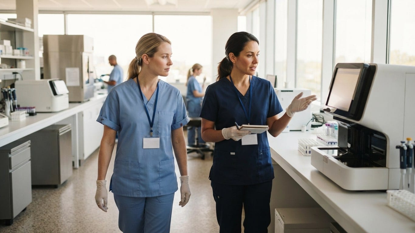 A laboratory manager and a laboratory scientist talk along the bench line.