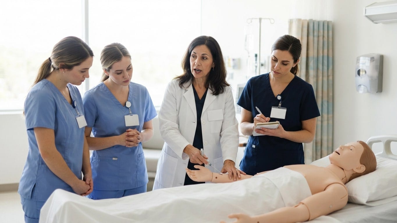 A nurse educator teaches a small group of nurses at a training manikin in a simulation lab.