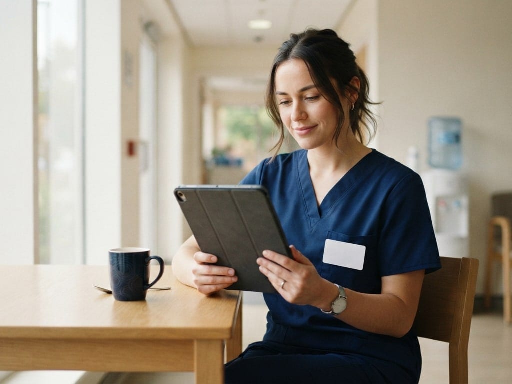 A nurse finishes an online course on a tablet in a sunlit break area.