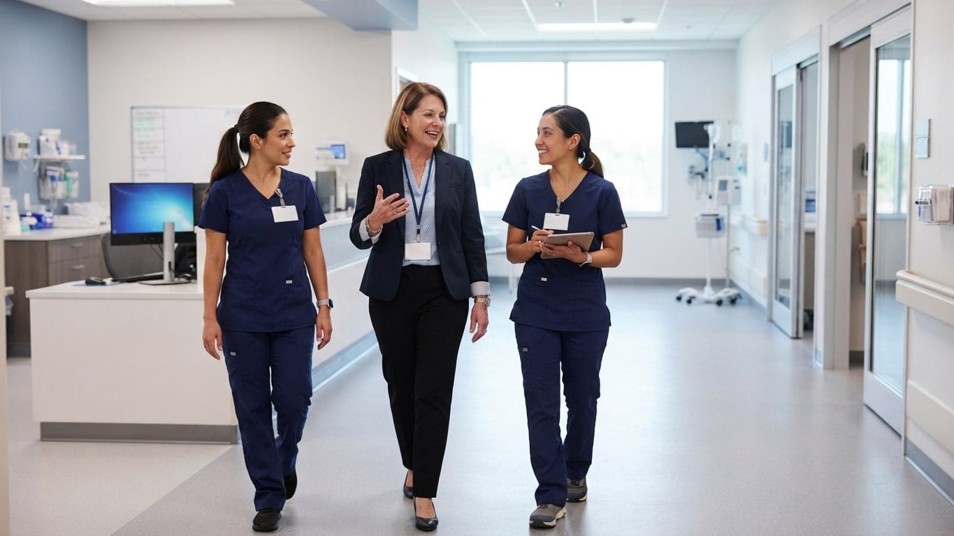 A chief nursing officer walks a nursing unit with a nurse leader and a staff nurse.