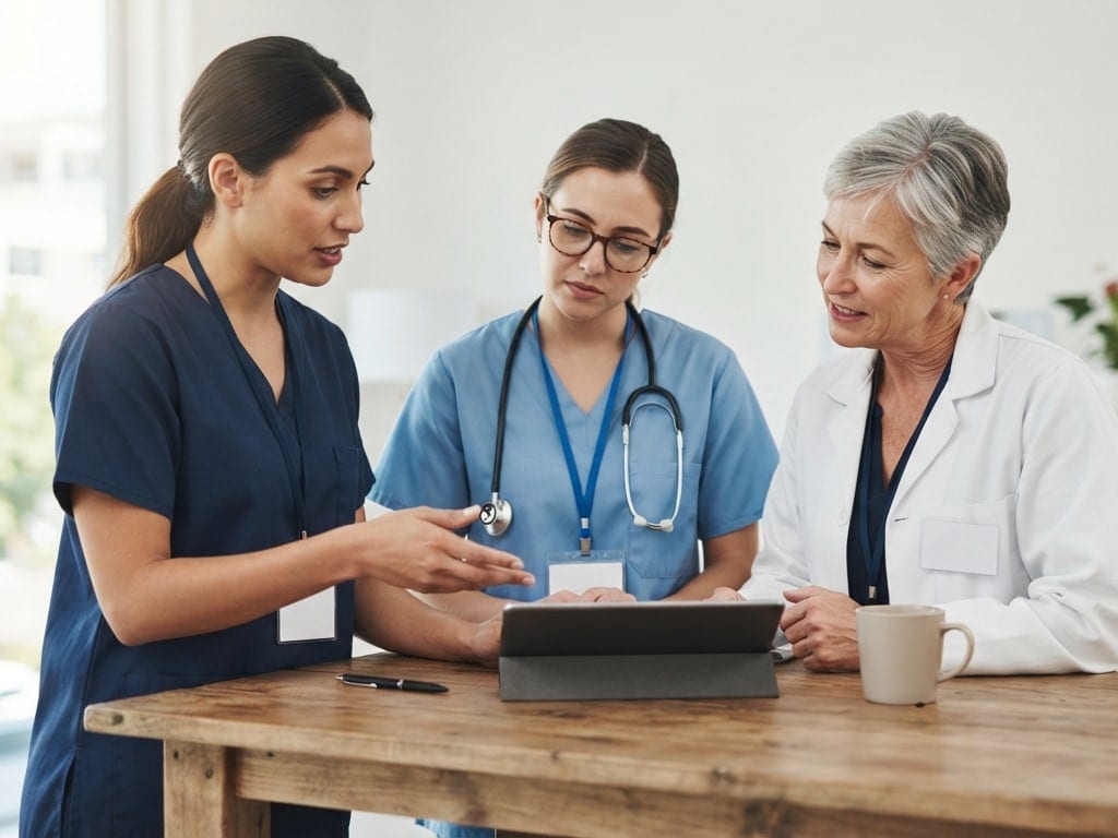 A nurse, a therapist and an educator plan together around a tablet.
