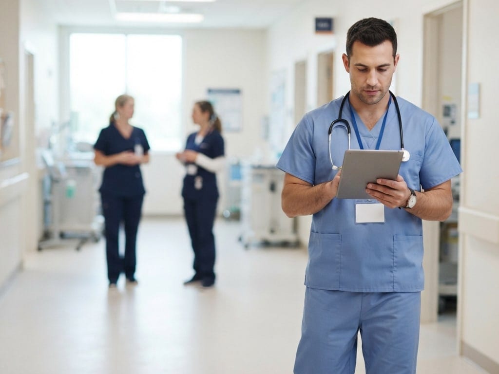 A nurse checks a tablet in a hospital hallway while colleagues keep working.