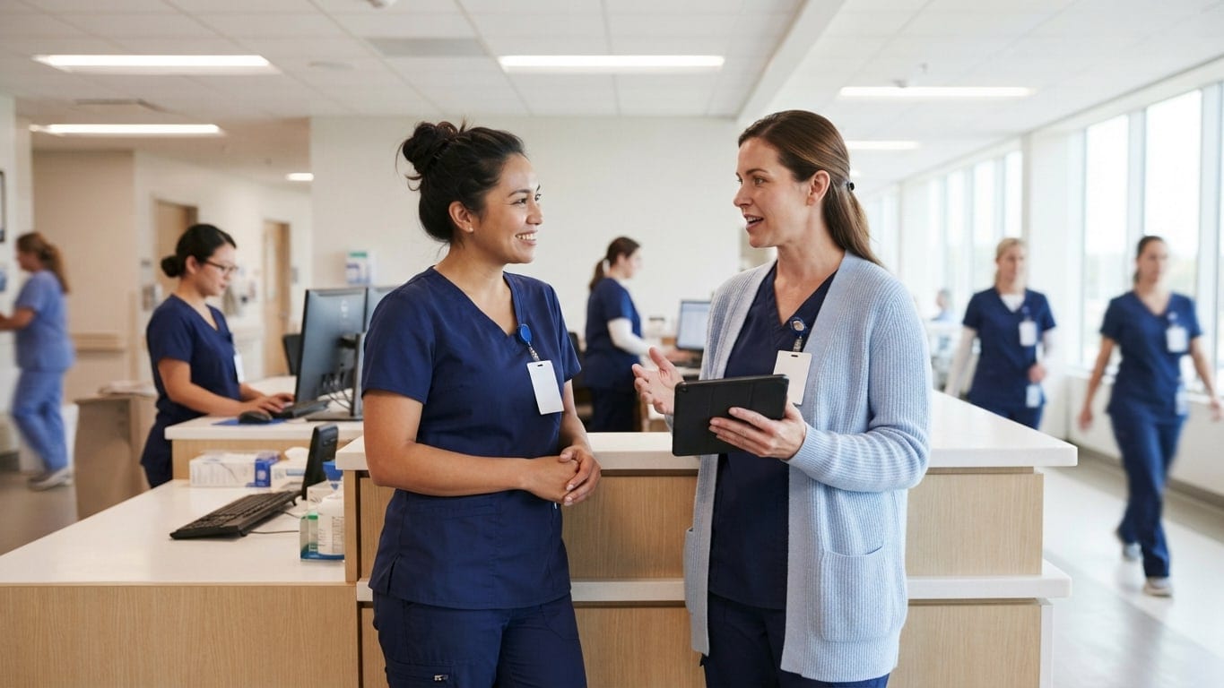 A nurse educator and a unit manager talk at a bright nurses' station.