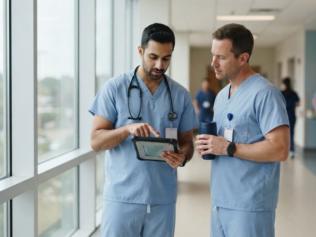 Two nurses review a tablet together by a hospital window.