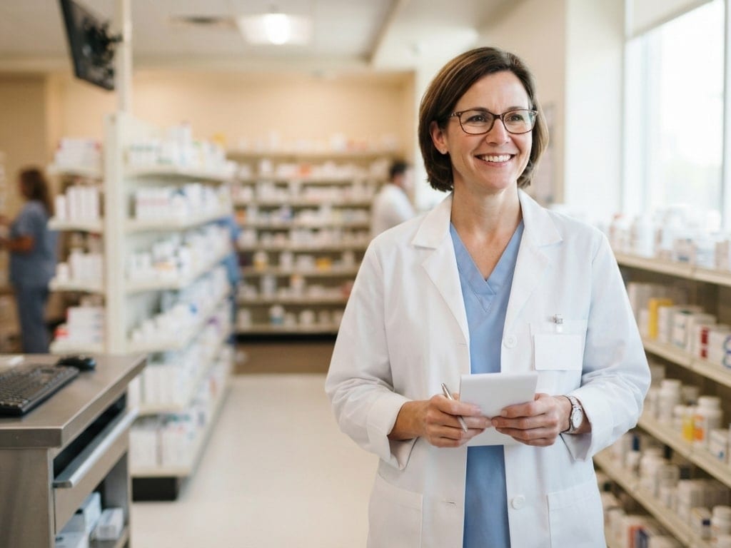 A hospital pharmacist stands in a bright pharmacy aisle.