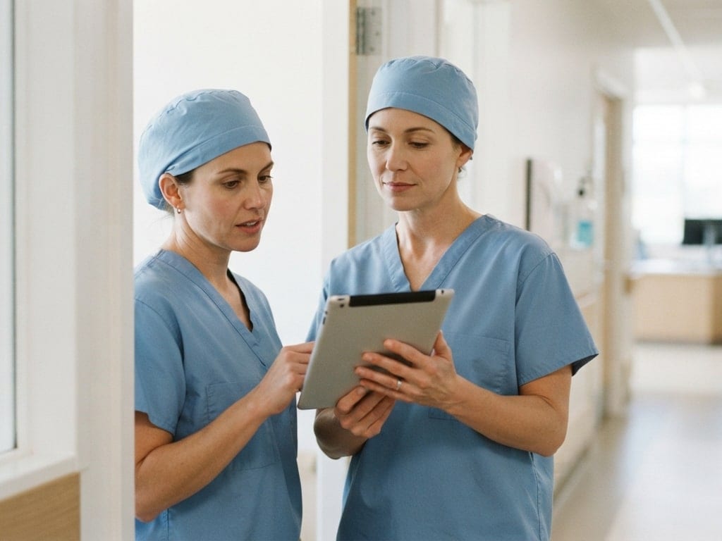 Two nurses review an update on a tablet in a unit doorway.