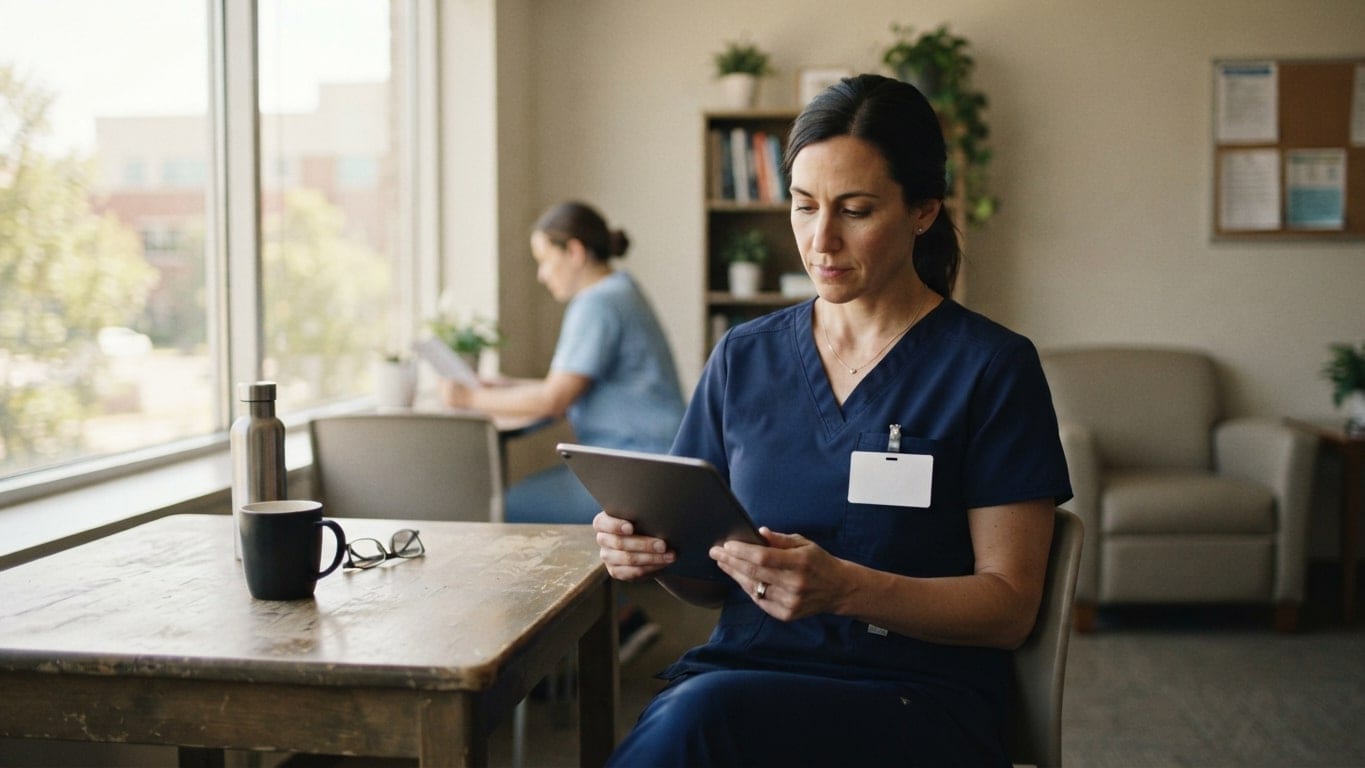 A nurse reads on a tablet in a sunlit staff lounge.