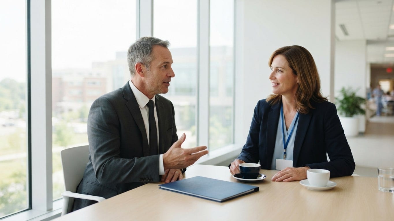 A hospital finance leader and a nurse executive talk at a conference table.