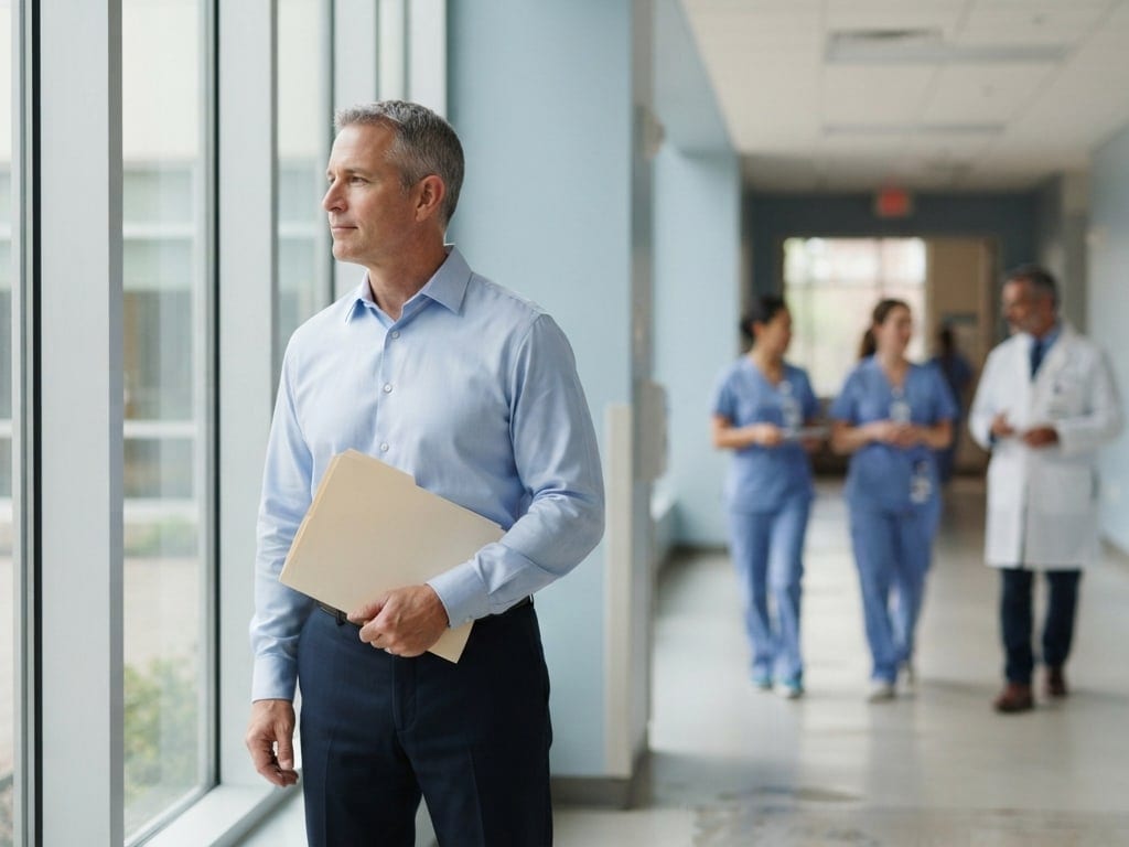 A hospital finance leader holding a folder stands at a corridor window.