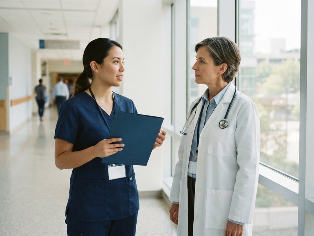 An informatics nurse and a physician talk by a window in a hospital corridor.