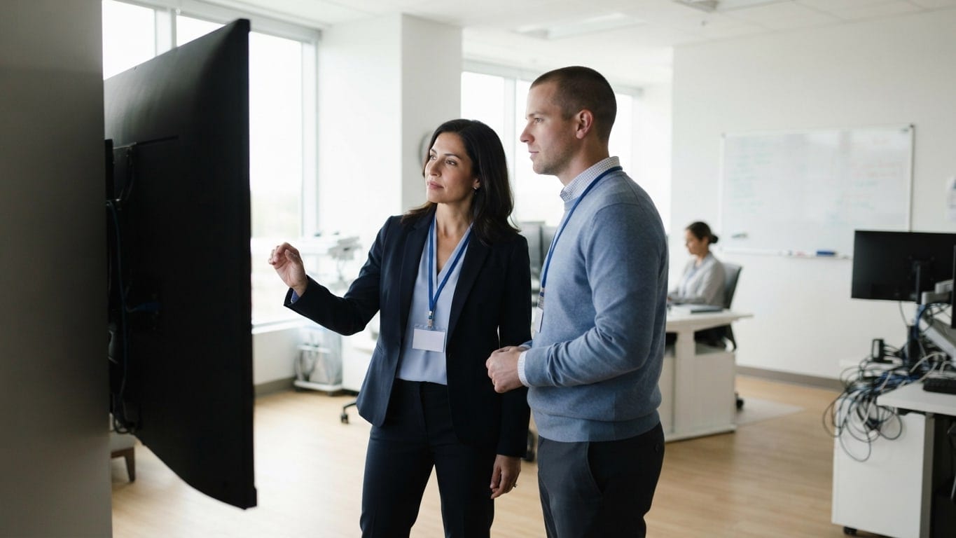 A medical information officer and an IT lead look at a large display in an informatics office.