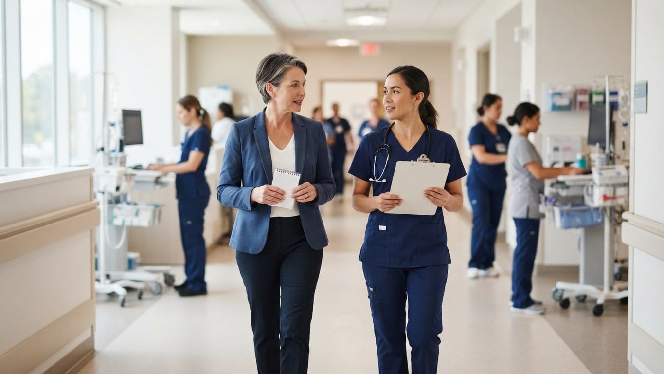 A chief nursing officer walks a hospital unit with a charge nurse.