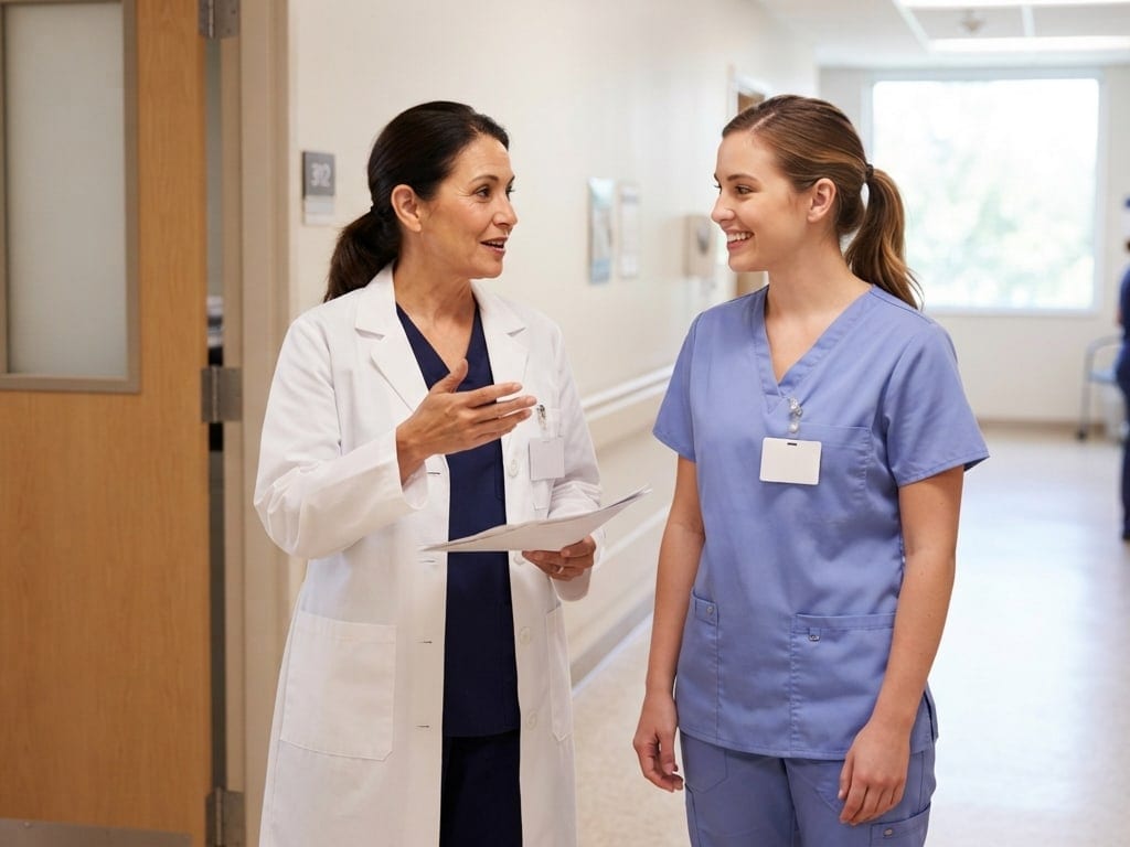 A senior nurse leader mentors a new nurse outside a patient room.