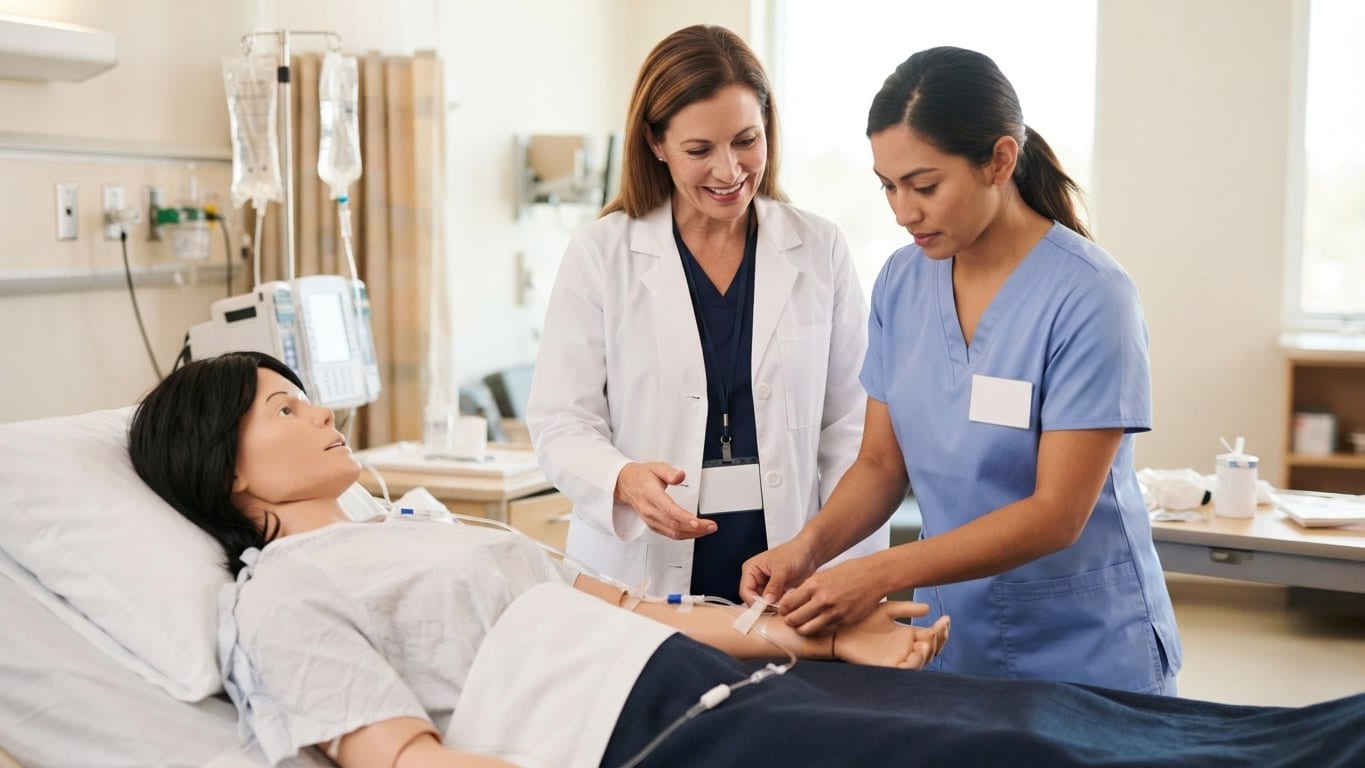 A nurse educator coaches a nurse through a skills check on a training manikin.