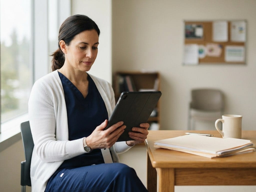 A nurse educator reviews a tablet at a table in a sunlit staff room.