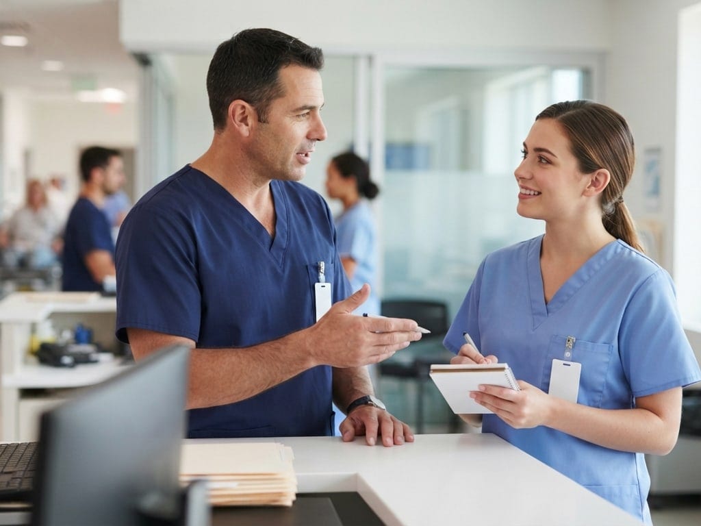 An experienced nurse mentors a younger nurse at the nurses' station.