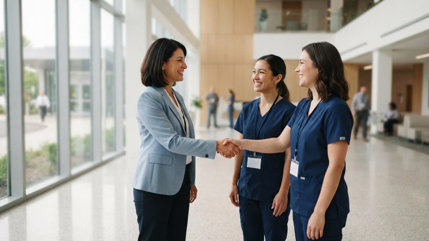 An HR leader welcomes two newly hired nurses in a hospital lobby.