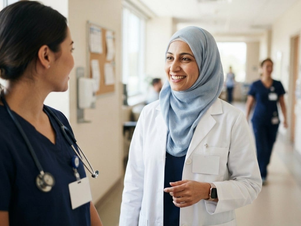 A physician and a nurse talk in a bright hospital corridor.