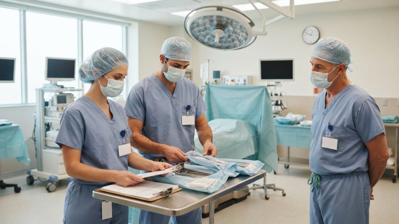 A perioperative nurse and a surgical tech check equipment while a preceptor watches.