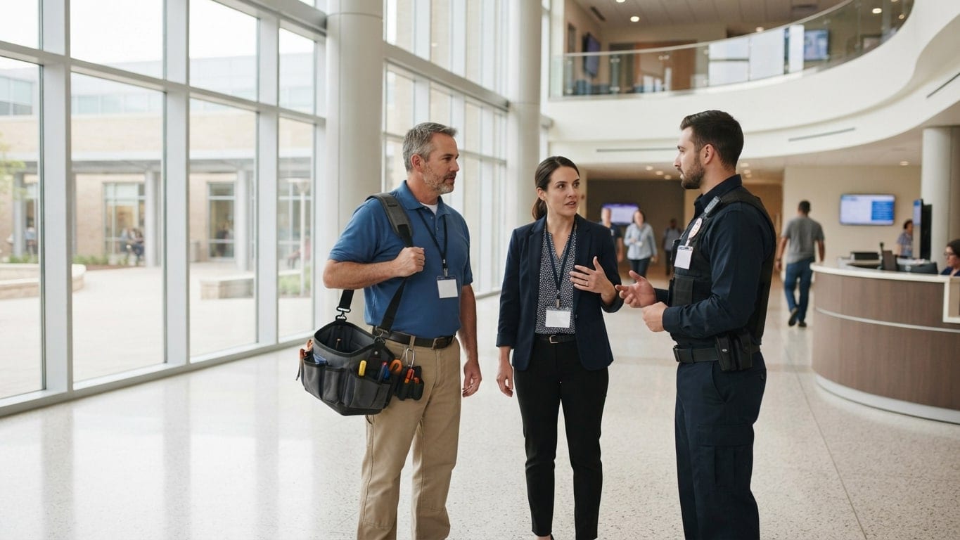 A facilities technician and a security officer talk with a hospital leader in a bright lobby.