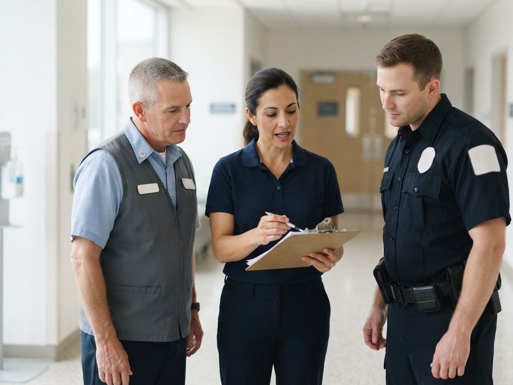 Hospital support staff review an emergency drill plan in a corridor.