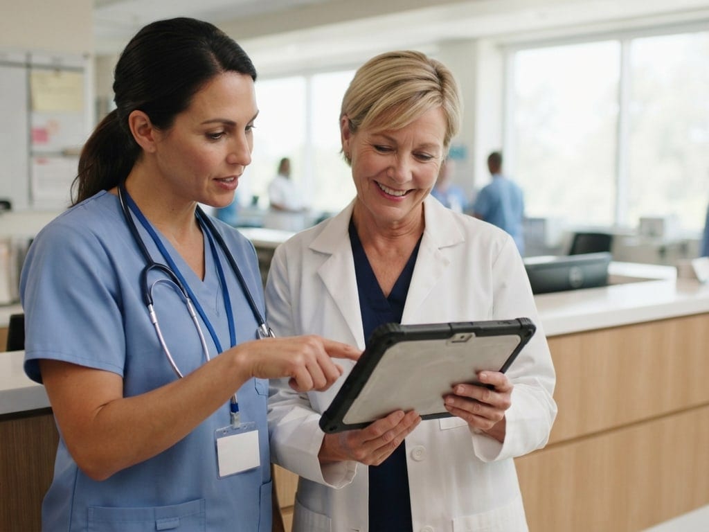 A charge nurse and a nurse educator review a tablet together at a nurses' station.