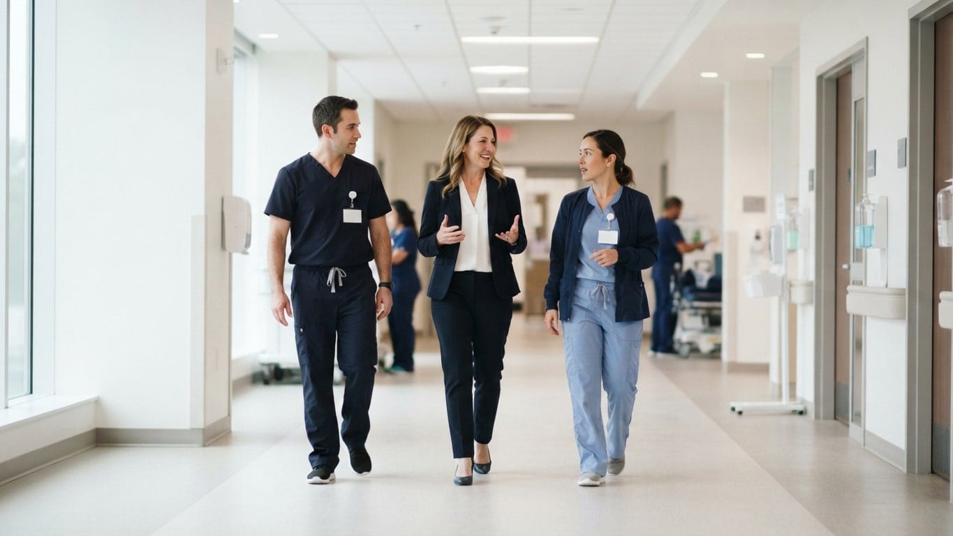 A nurse executive and two clinical leaders walk and talk down a bright hospital corridor.